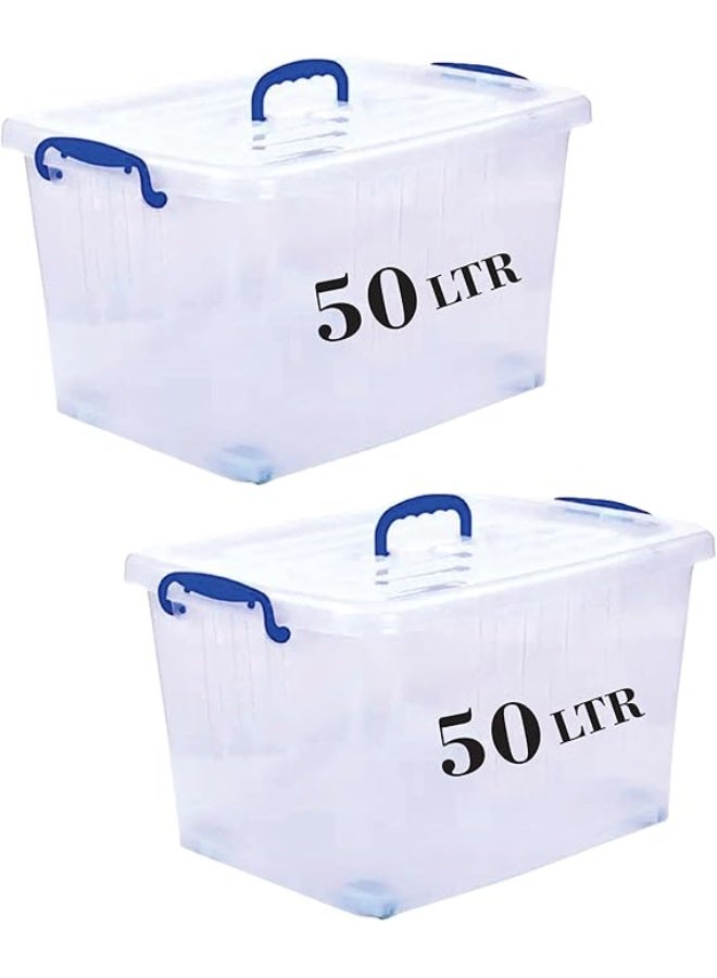 هيواري مجموعة HIWARE سعة 50 لترًا، قطعتان، بغطاء قابل للقفل وعجلات | صناديق تخزين بلاستيكية شفافة بأغطية | منظم شفاف للملابس والألعاب والأدوات والفنون والحرف اليدوية | حاوية تخزين - Image 1